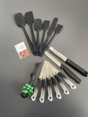 SOLINGEN BIÇAK SET - SLİKON KAŞIK SET siyah ebruli